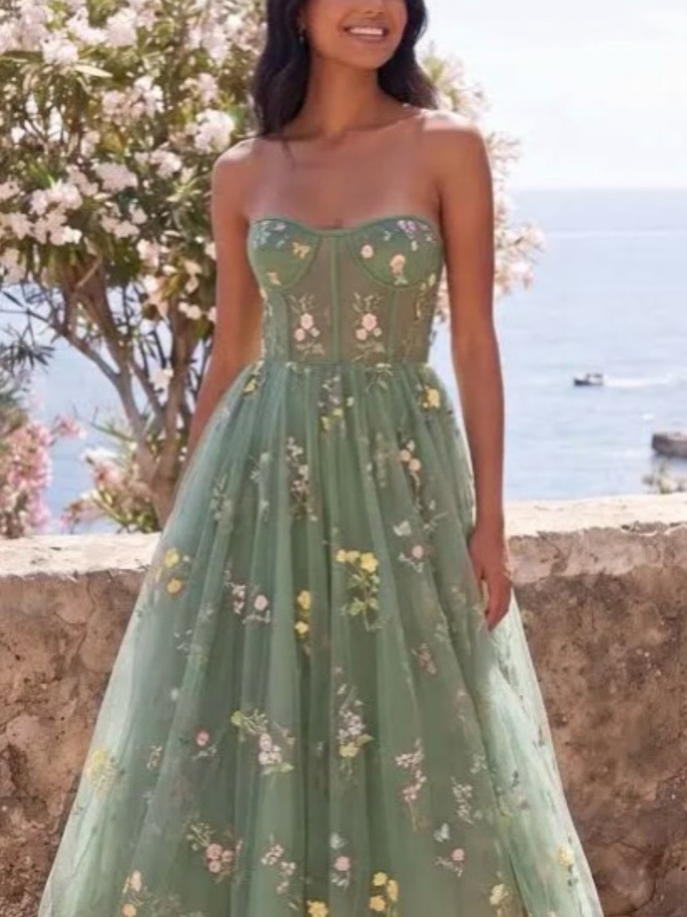 Strapless Sage Green Embroidered Tulle Evening Gown